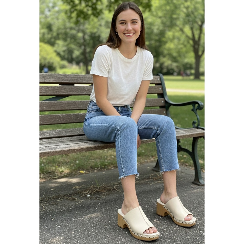 Stradivarius Womens‎ Clog 39 Beige Leather Block Heel Open Toe Slip On Sandal
